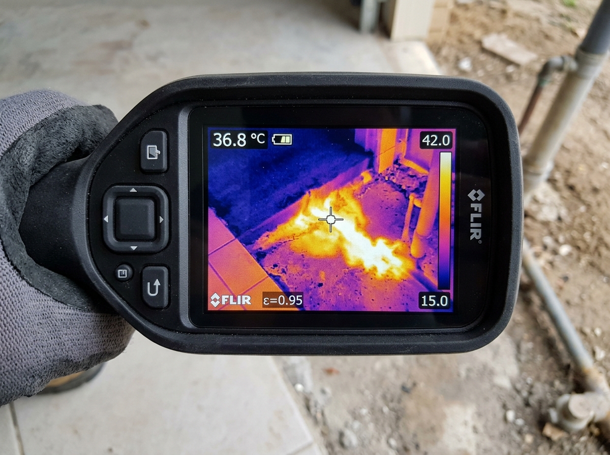 Thermal infrared imaging showing heat plume of a hot water line leak under a slab floor in Port Arthur